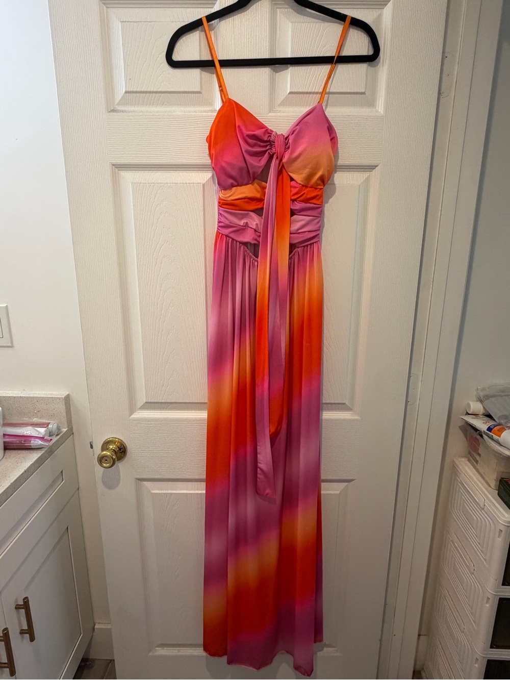 Vintage Pink and Orange Ombre Maxi Dress with Tie Front